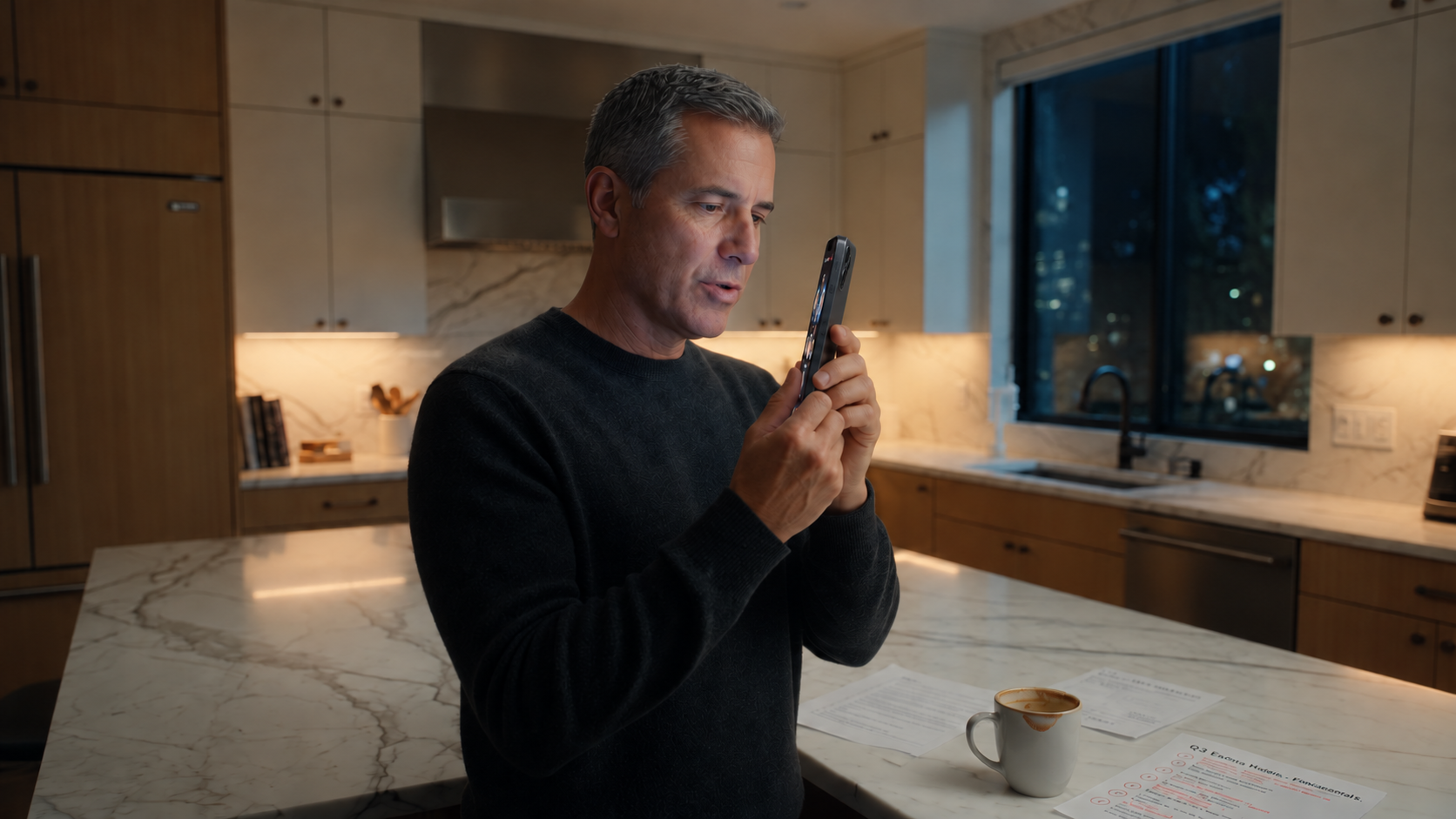 An executive standing at a kitchen counter at night, looking at the display of the phone he holds in both hands.